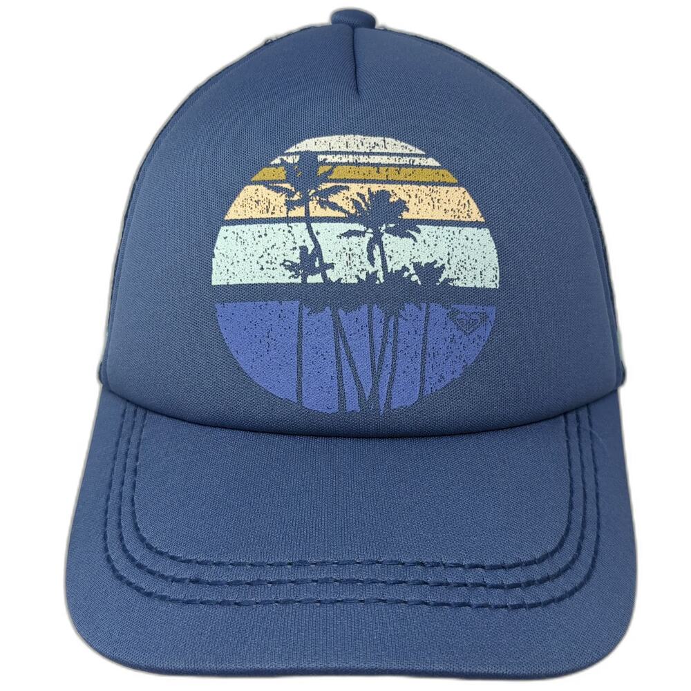 Roxy Trucker Hat Blue One Size Mesh Back Palm Trees Sunset Beach Snapback Foam